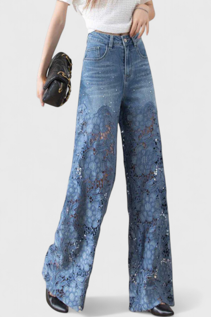Jasiel | Pantalón Palazzo de Encaje Denim con Bordado Floral